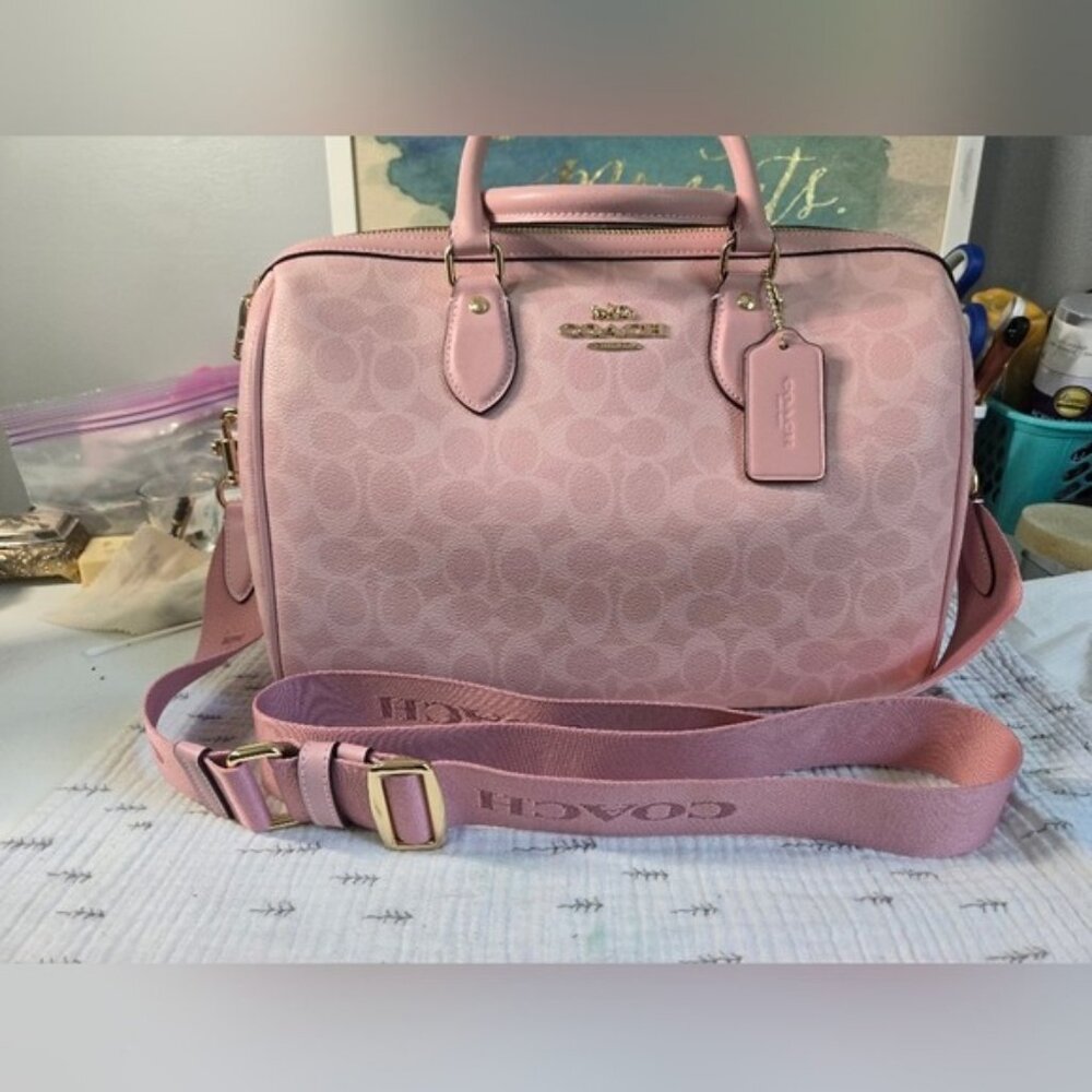 Coach Rowan Satchel Bag In Signature Canvas Powder Pink CV961 - Picture 2 of 6